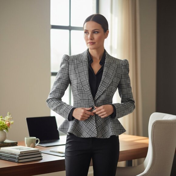 DESIGNER MICHAEL KORS COLLECTION GREY PLAID PRINT PEPLUM VIRGIN WOOL BLAZER 10.R - Picture 16 of 16